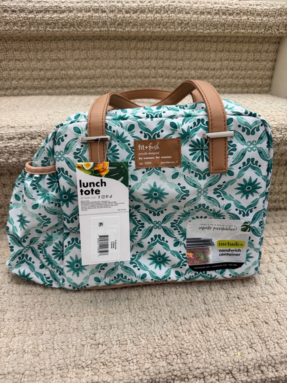 fit + fresh Teal Patterned Lunch Tote with Tan Handles